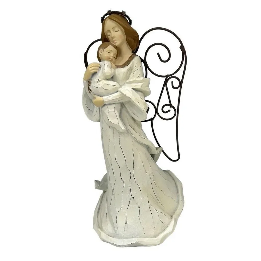 American Greetings White Gold Sculpture of Mother Mary and Baby Jesus Wire Wings